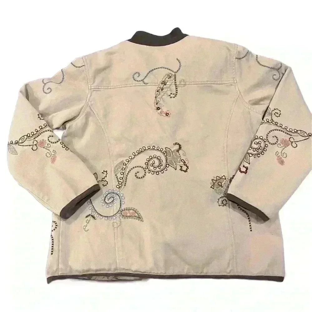 Denim & Co. Light Brown Embroidered Cotton Boho Button Down Jacket Women’s Sz M - Picture 2 of 6